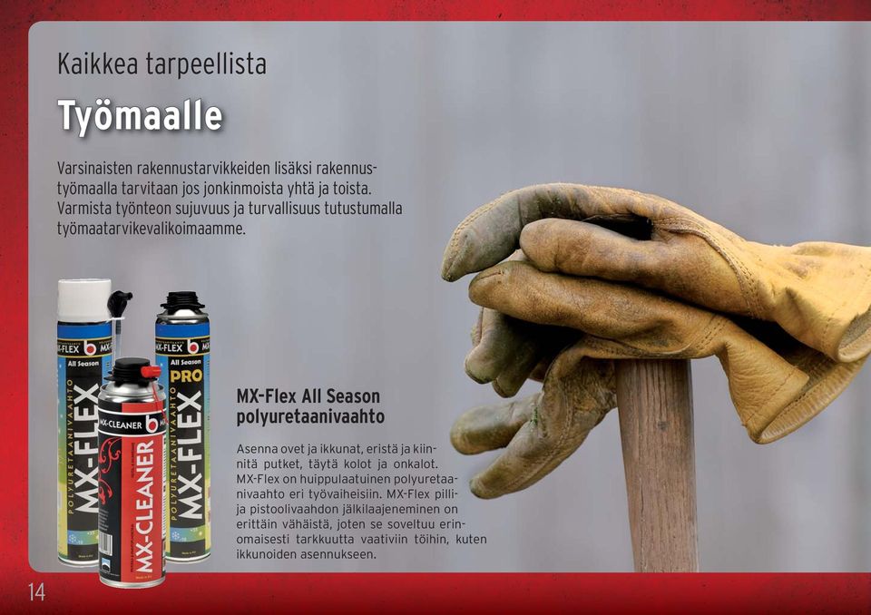 MX-Flex All Season polyuretaanivaahto Asenna ovet ja ikkunat, eristä ja kiinnitä putket, täytä kolot ja onkalot.