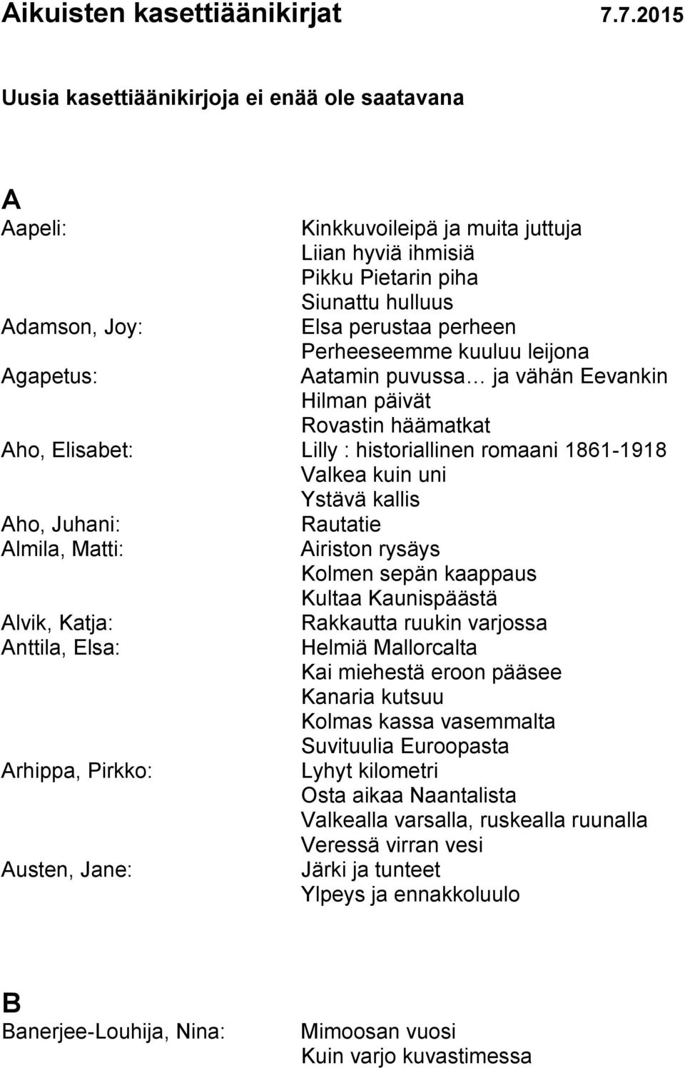 Perheeseemme kuuluu leijona Aatamin puvussa ja vähän Eevankin Hilman päivät Rovastin häämatkat Aho, Elisabet: Lilly : historiallinen romaani 1861-1918 Valkea kuin uni Ystävä kallis Aho, Juhani: