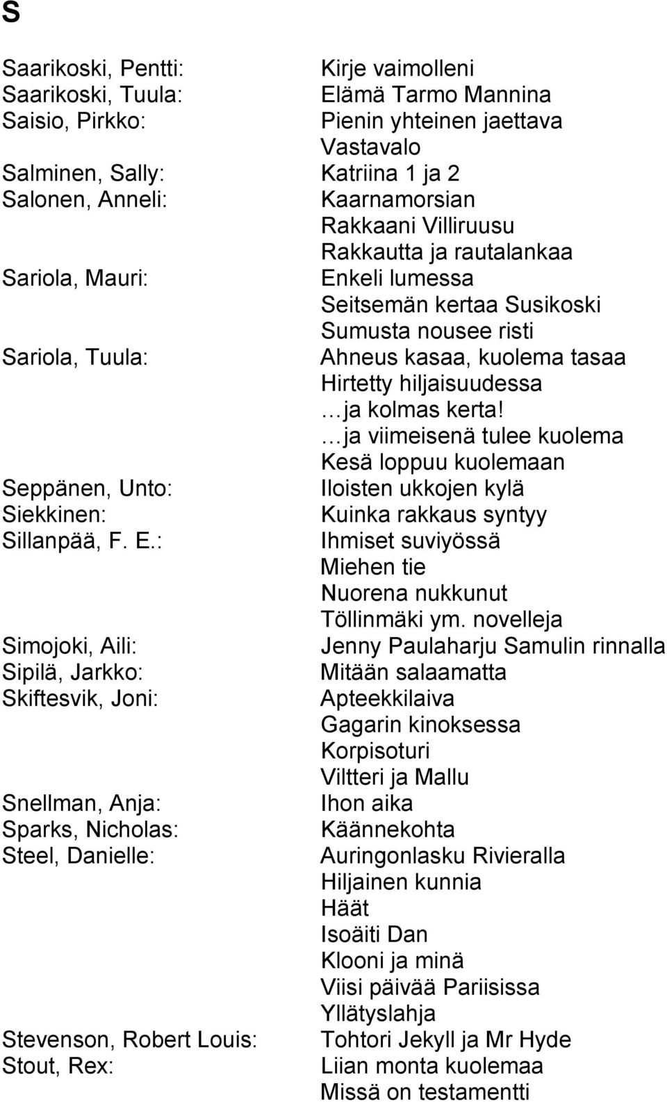 kolmas kerta! ja viimeisenä tulee kuolema Kesä loppuu kuolemaan Seppänen, Unto: Iloisten ukkojen kylä Siekkinen: Kuinka rakkaus syntyy Sillanpää, F. E.
