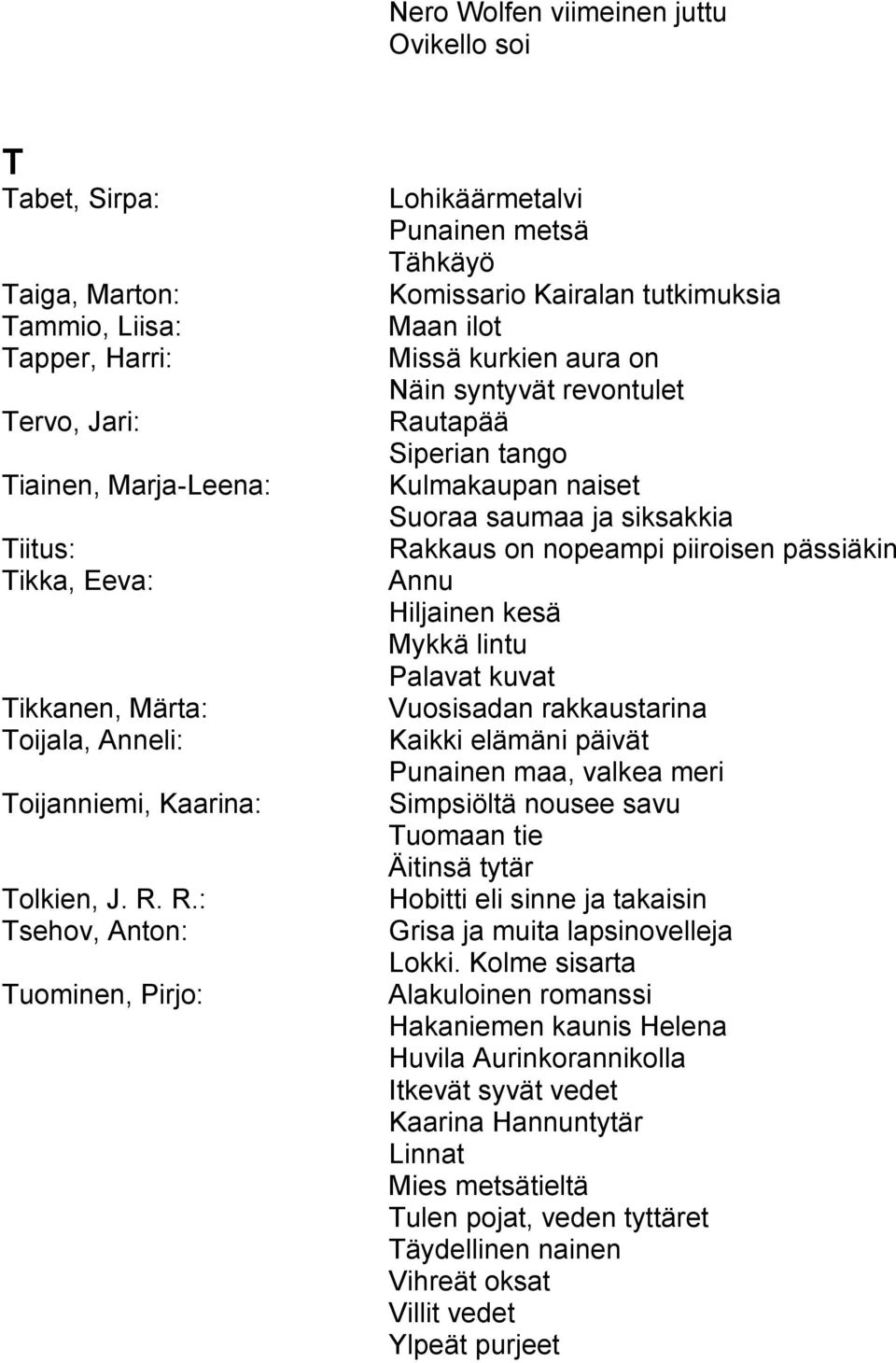 R.: Tsehov, Anton: Tuominen, Pirjo: Lohikäärmetalvi Punainen metsä Tähkäyö Komissario Kairalan tutkimuksia Maan ilot Missä kurkien aura on Näin syntyvät revontulet Rautapää Siperian tango Kulmakaupan