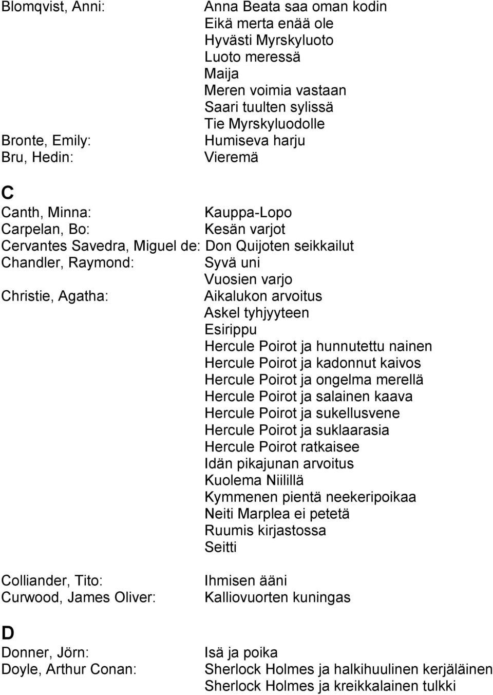 Aikalukon arvoitus Askel tyhjyyteen Esirippu Hercule Poirot ja hunnutettu nainen Hercule Poirot ja kadonnut kaivos Hercule Poirot ja ongelma merellä Hercule Poirot ja salainen kaava Hercule Poirot ja