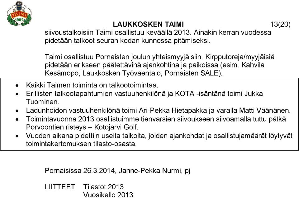 Kaikki Taimen toiminta on talkootoimintaa. Erillisten talkootapahtumien vastuuhenkilönä ja KOTA -isäntänä toimi Jukka Tuominen.