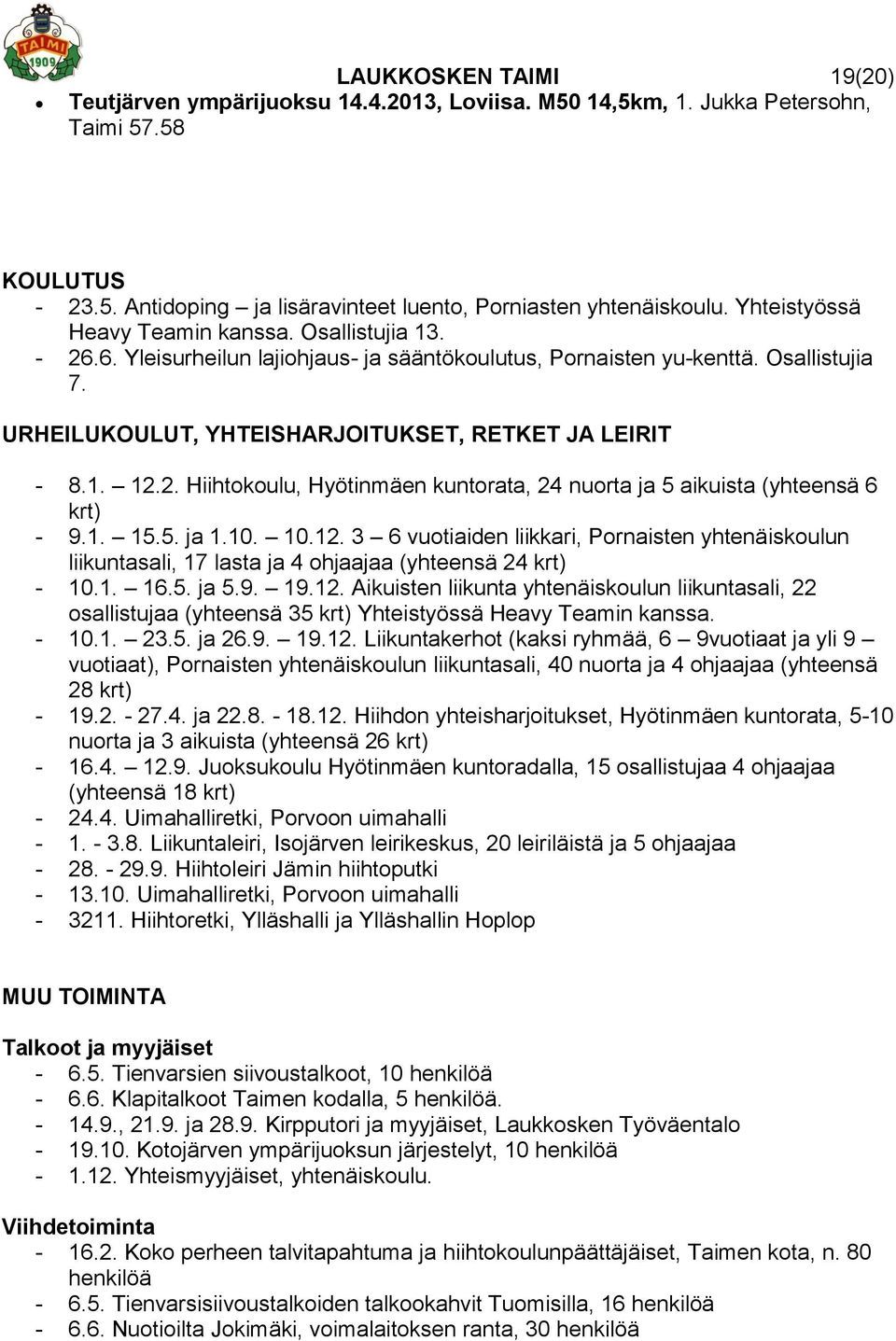 2. Hiihtokoulu, Hyötinmäen kuntorata, 24 nuorta ja 5 aikuista (yhteensä 6 krt) - 9.1. 15.5. ja 1.10. 10.12.