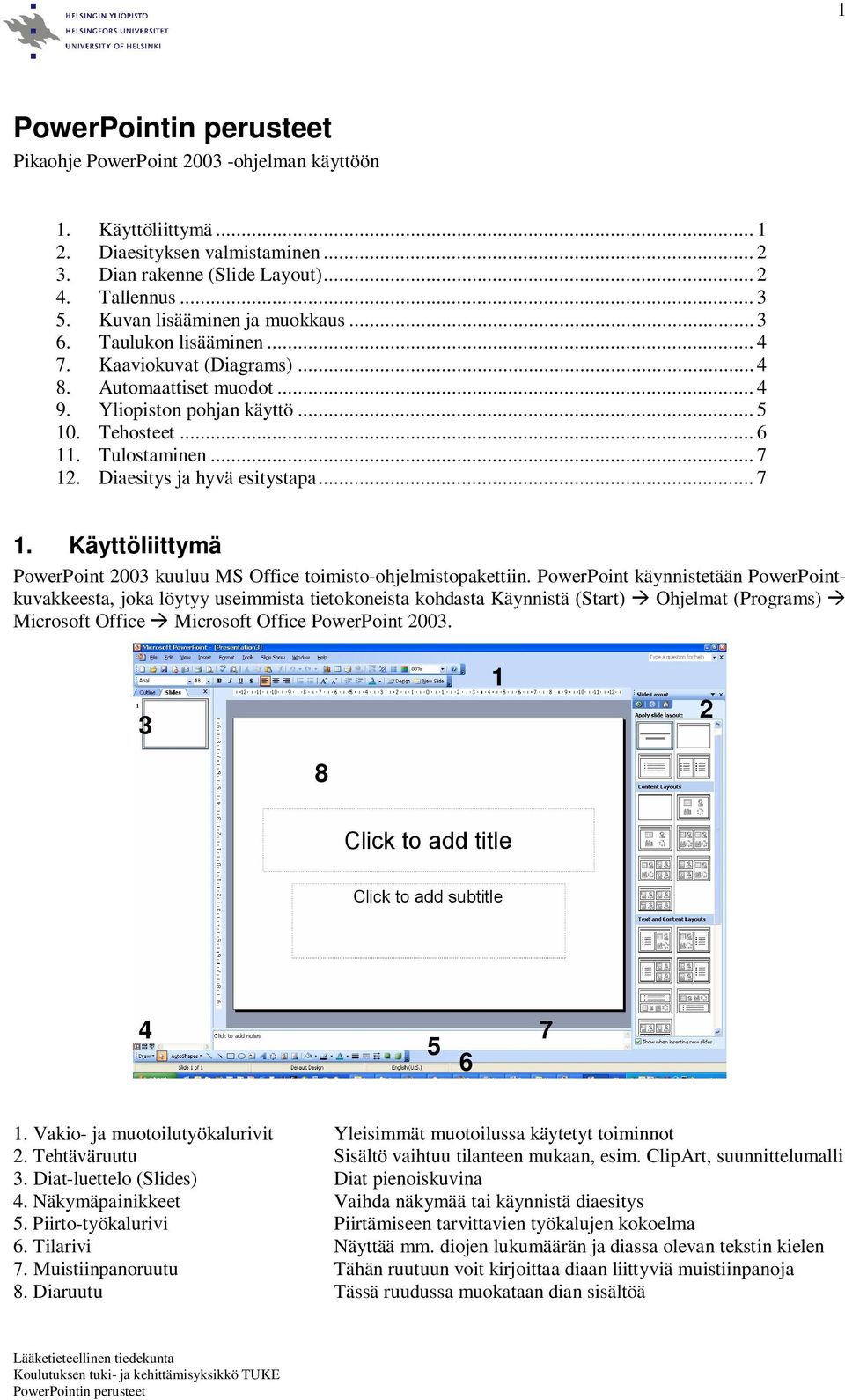 PowerPoint käynnistetään PowerPointkuvakkeesta, joka löytyy useimmista tietokoneista kohdasta Käynnistä (Start) Ohjelmat (Programs) Microsoft Office Microsoft Office PowerPoint 00. 8 4 5 6 7.