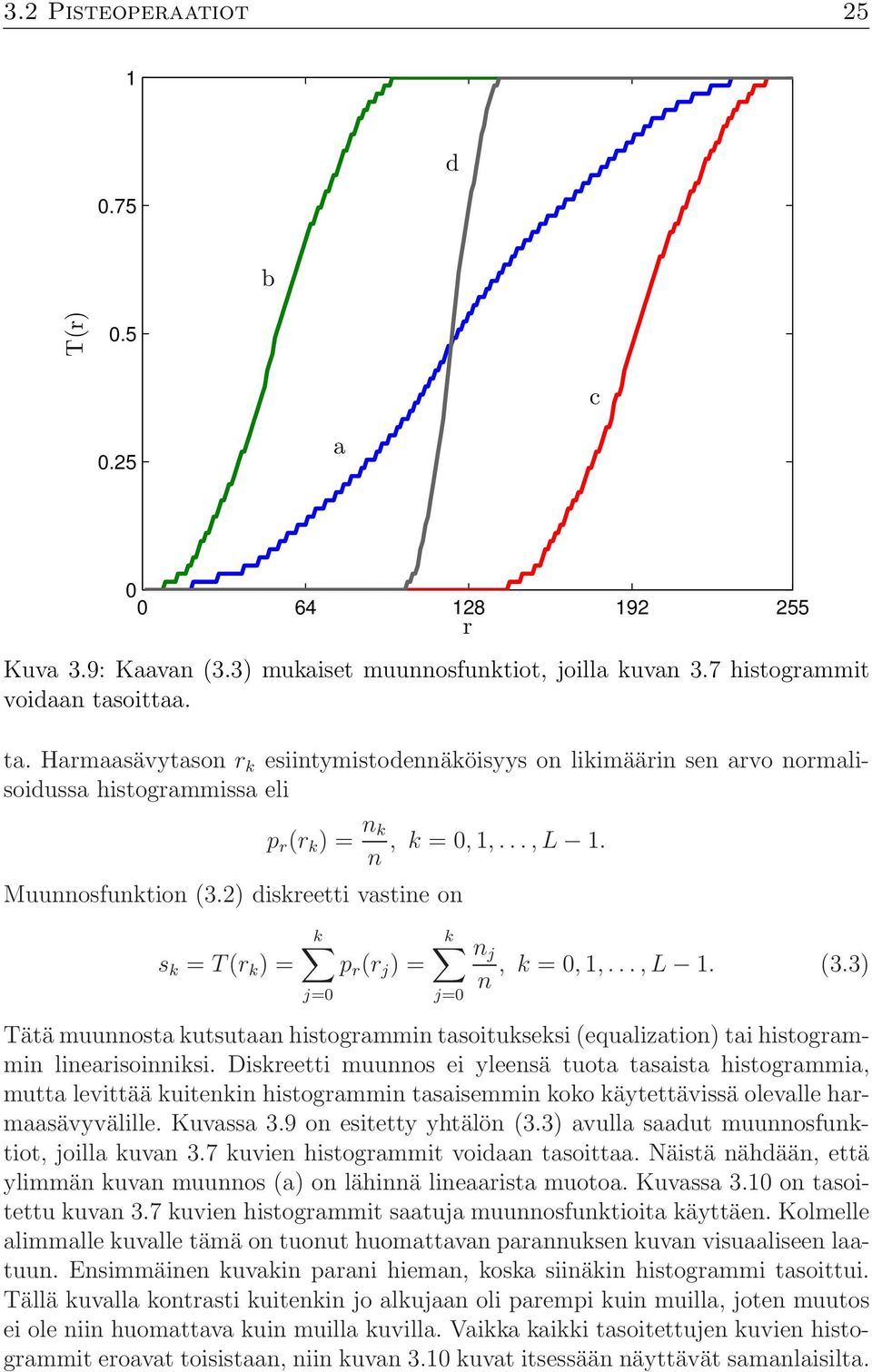 2) diskreetti vastine on s k = T (r k )= k p r (r j )= j= k j= n j, k =, 1,...,L 1. (3.3) n Tätä muunnosta kutsutaan histogrammin tasoitukseksi (equalization) tai histogrammin linearisoinniksi.