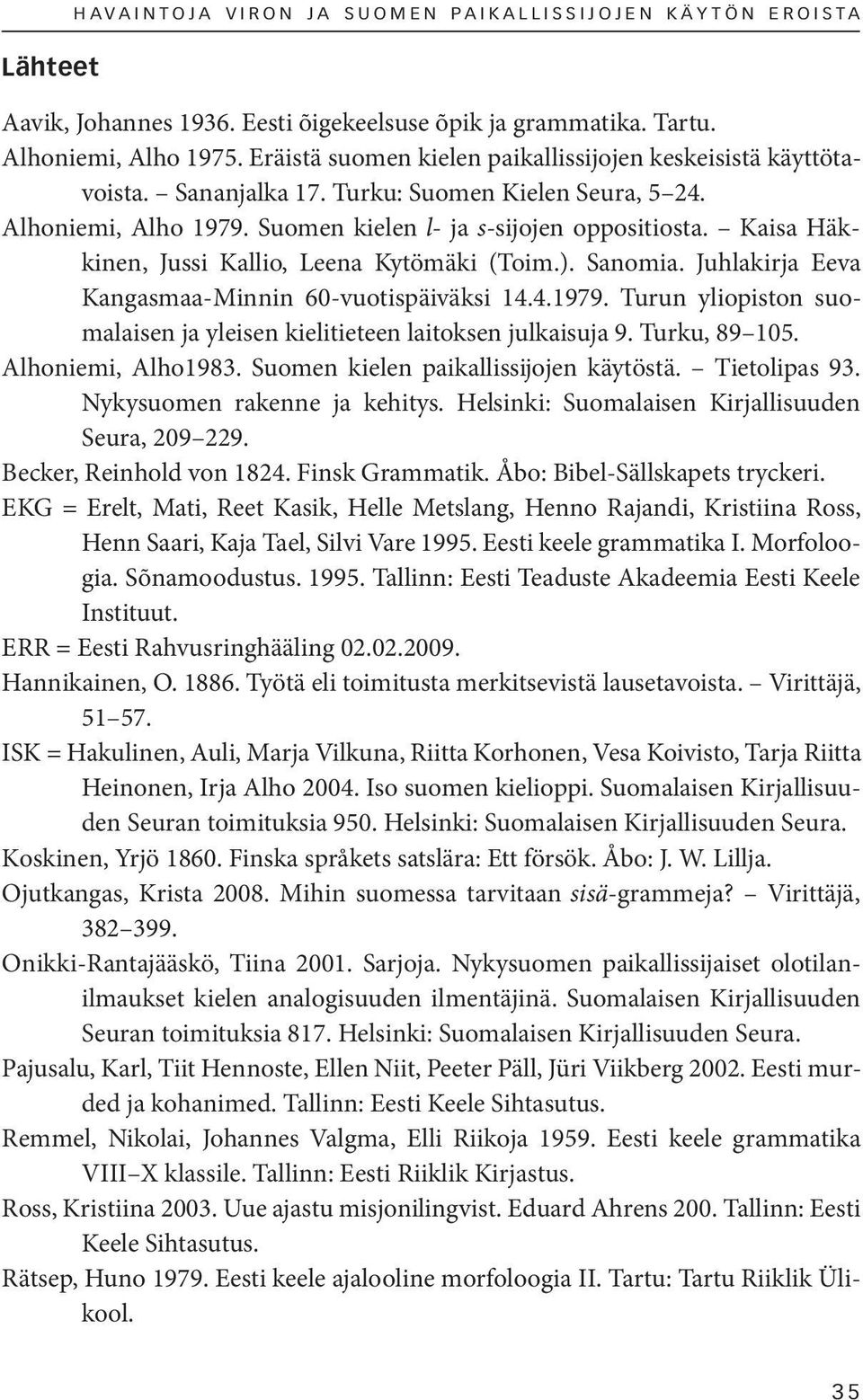 Kaisa Häkkinen, Jussi Kallio, Leena Kytömäki (Toim.). Sanomia. Juhlakirja Eeva Kangasmaa-Minnin 60-vuotispäiväksi 14.4.1979.