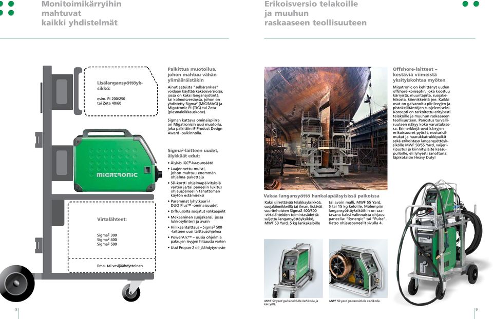 langansyötintä, tai kolmoisversiossa, johon on yhdistetty Sigma 2 (MIG/MAG) ja Migatronic Pi (TIG) tai Zeta (plasmaleikkauskone).