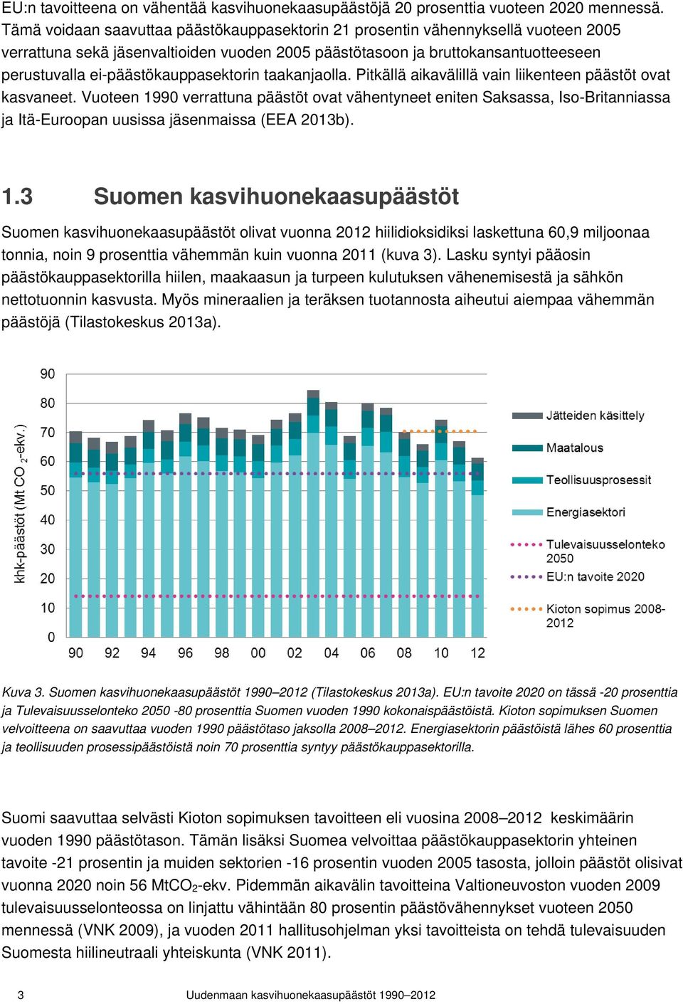 ei-päästökauppasektorin taakanjaolla. Pitkällä aikavälillä vain liikenteen päästöt ovat kasvaneet.