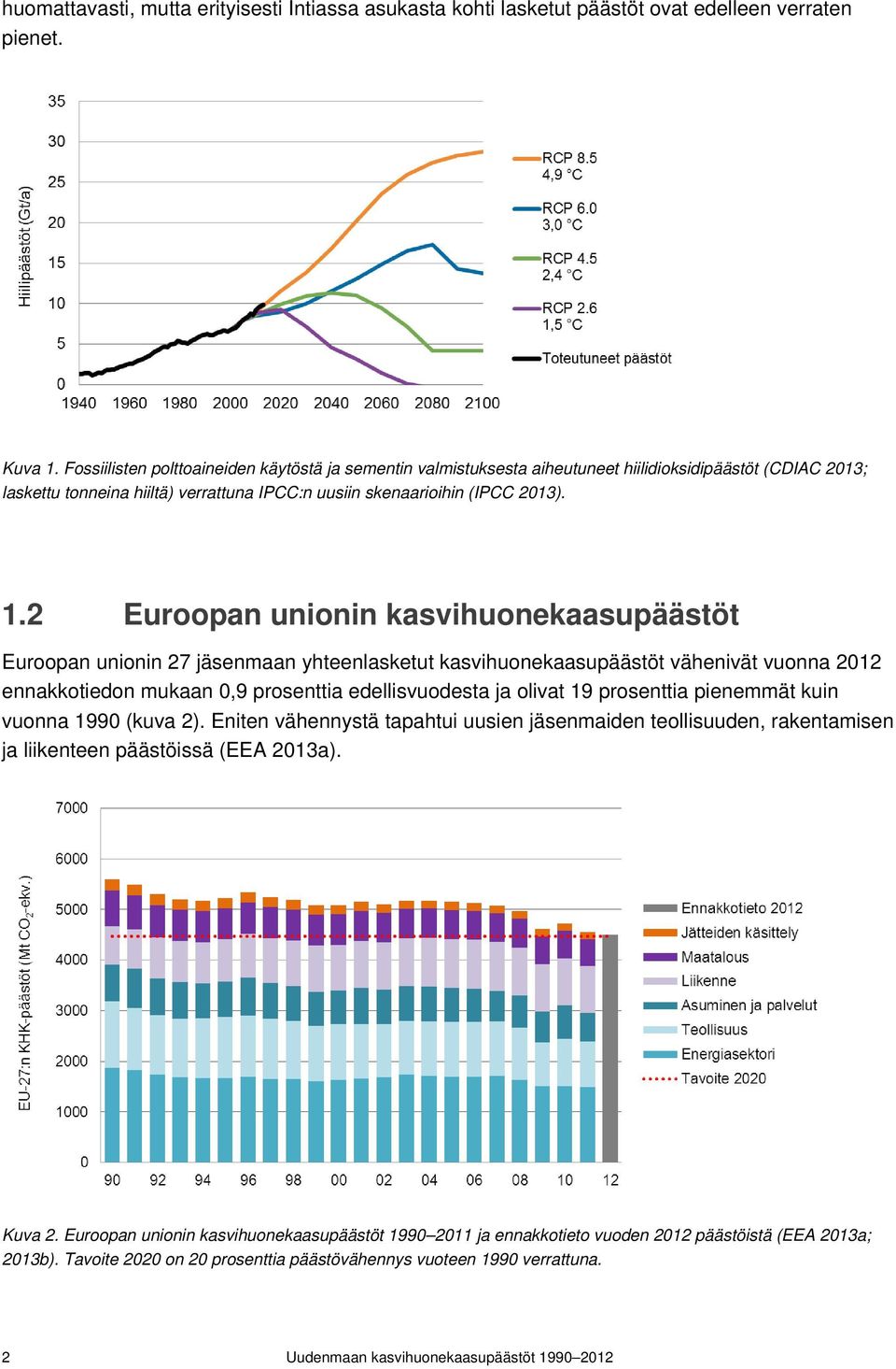 2 Euroopan unionin kasvihuonekaasupäästöt Euroopan unionin 27 jäsenmaan yhteenlasketut kasvihuonekaasupäästöt vähenivät vuonna 2012 ennakkotiedon mukaan 0,9 prosenttia edellisvuodesta ja olivat 19