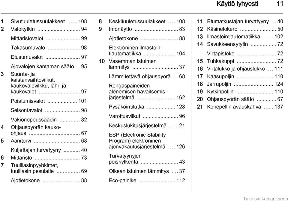 .. 68 Kuljettajan turvatyyny... 40 6 Mittaristo... 73 7 Tuulilasinpyyhkimet, tuulilasin pesulaite... 69 Ajotietokone... 88 8 Keskituuletussuulakkeet... 108 9 Infonäyttö... 83 Ajotietokone.