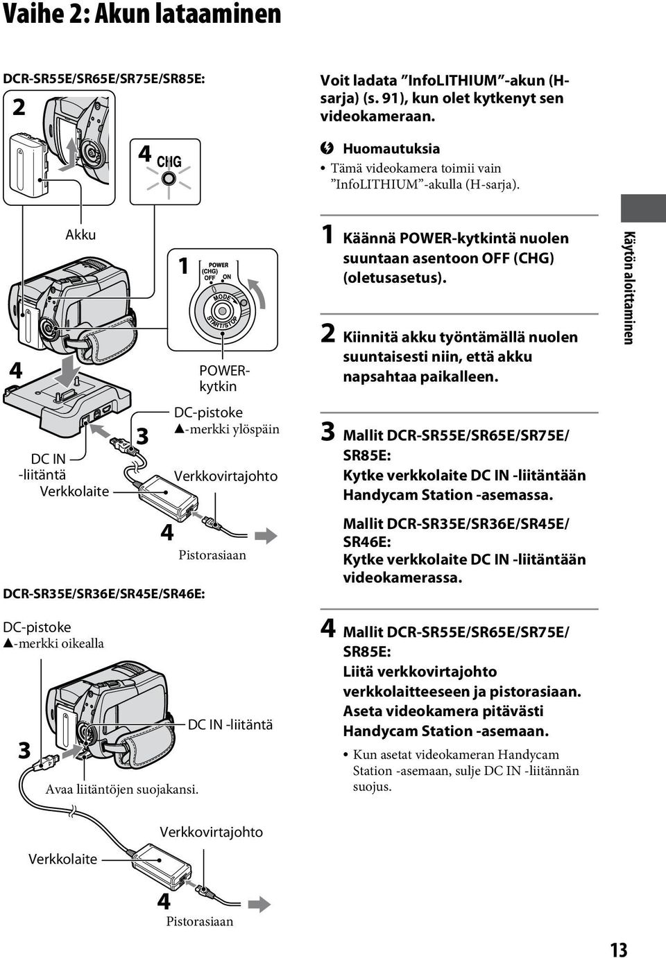 Akku DC IN -liitäntä Verkkolaite 4 DCR-SR35E/SR36E/SR45E/SR46E: POWERkytkin DC-pistoke -merkki ylöspäin Verkkovirtajohto Pistorasiaan 1 Käännä POWER-kytkintä nuolen suuntaan asentoon OFF (CHG)