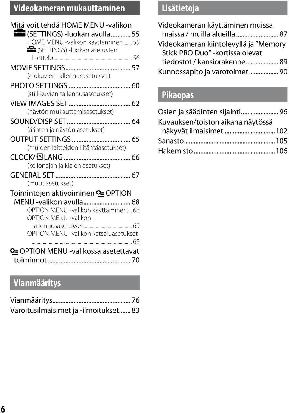.. 64 (äänten ja näytön asetukset) OUTPUT SETTINGS... 65 (muiden laitteiden liitäntäasetukset) CLOCK/ LANG... 66 (kellonajan ja kielen asetukset) GENERAL SET.