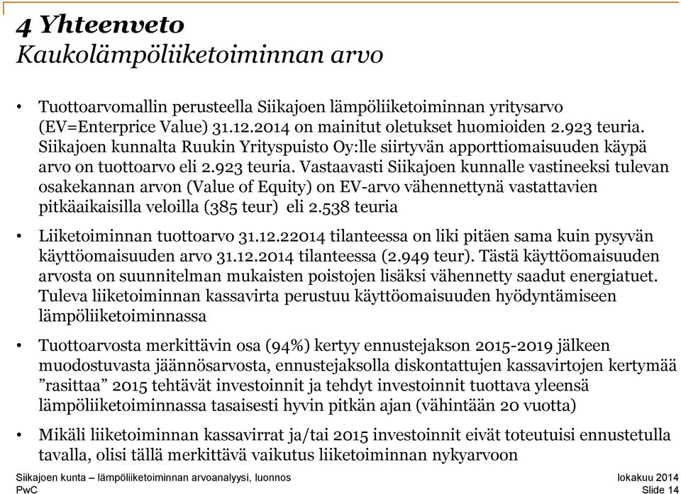 Vastaavasti Siikajoen kunnalle vastineeksi tulevan osakekannan arvon (Value of Equity) on EV-arvo vähennettynä vastattavien pitkäaikaisilla veloilla (385 teur) eli 2.
