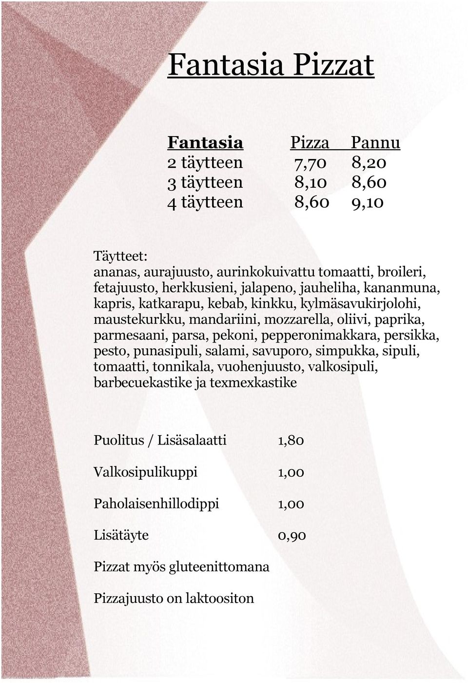 parmesaani, parsa, pekoni, pepperonimakkara, persikka, pesto, punasipuli, salami, savuporo, simpukka, sipuli, tomaatti, tonnikala, vuohenjuusto, valkosipuli,