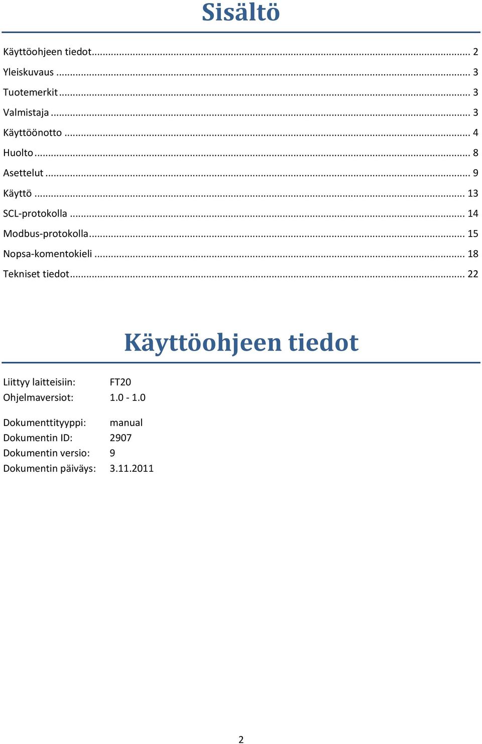 .. 15 Nopsa-komentokieli... 18 Tekniset tiedot... 22 Liittyy laitteisiin: FT20 Ohjelmaversiot: 1.