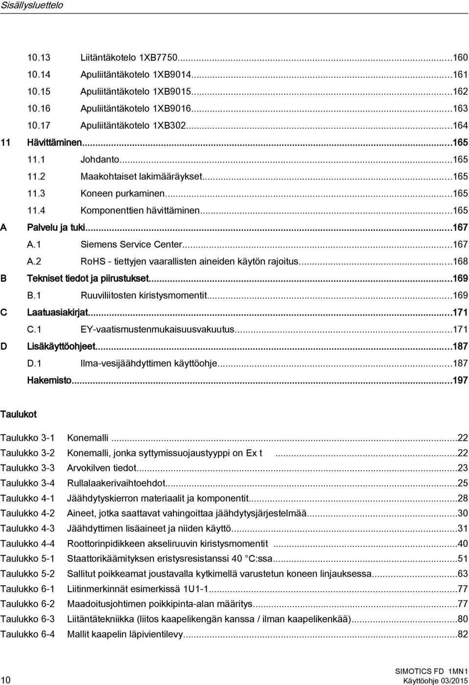 1 Siemens Service Center...167 A.2 RoHS - tiettyjen vaarallisten aineiden käytön rajoitus...168 B Tekniset tiedot ja piirustukset...169 B.1 Ruuviliitosten kiristysmomentit...169 C Laatuasiakirjat.