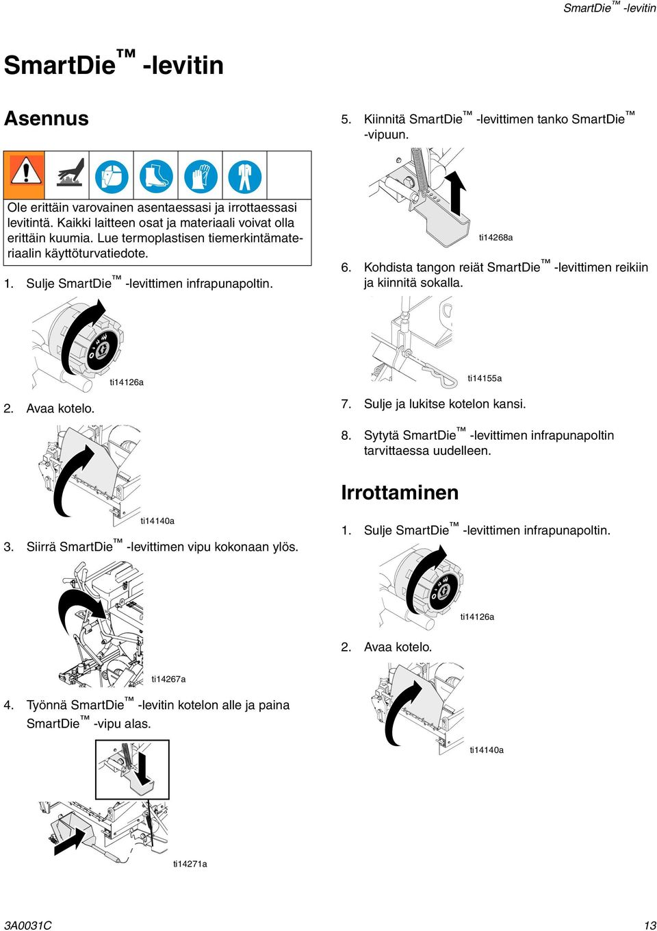 Kohdista tangon reiät SmartDie -levittimen reikiin ja kiinnitä sokalla. 2. Avaa kotelo. ti14126a ti14155a 7. Sulje ja lukitse kotelon kansi. 8.