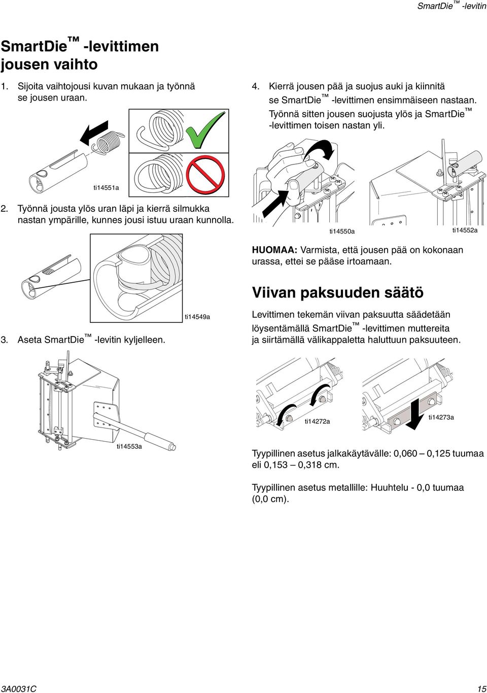 Työnnä jousta ylös uran läpi ja kierrä silmukka nastan ympärille, kunnes jousi istuu uraan kunnolla. ti14550a ti14552a HUOMAA: Varmista, että jousen pää on kokonaan urassa, ettei se pääse irtoamaan.