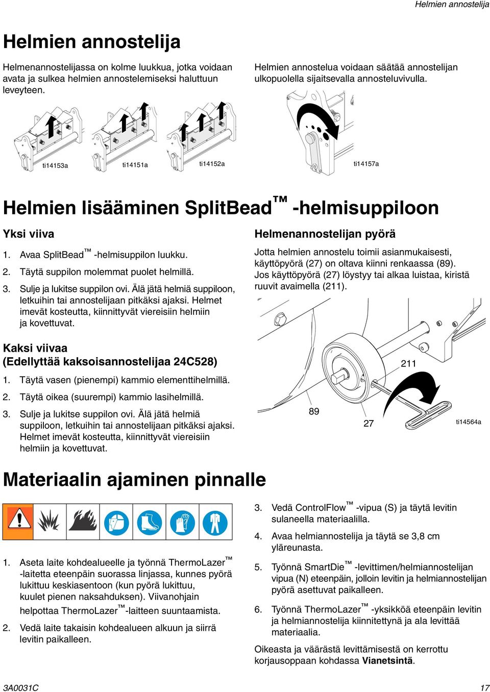 Avaa SplitBead -helmisuppilon luukku. 2. Täytä suppilon molemmat puolet helmillä. 3. Sulje ja lukitse suppilon ovi. Älä jätä helmiä suppiloon, letkuihin tai annostelijaan pitkäksi ajaksi.