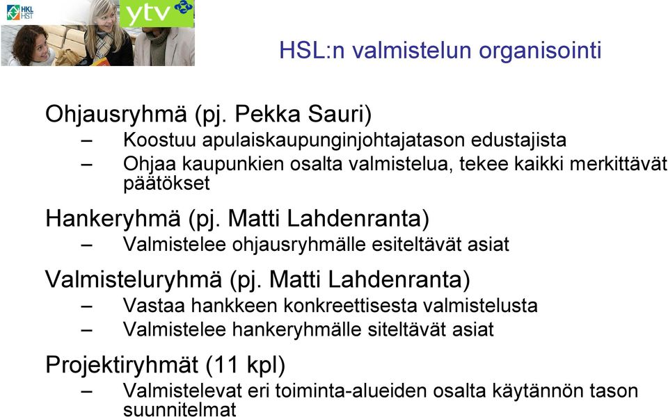 merkittävät päätökset Hankeryhmä (pj. Matti Lahdenranta) Valmistelee ohjausryhmälle esiteltävät asiat Valmisteluryhmä (pj.