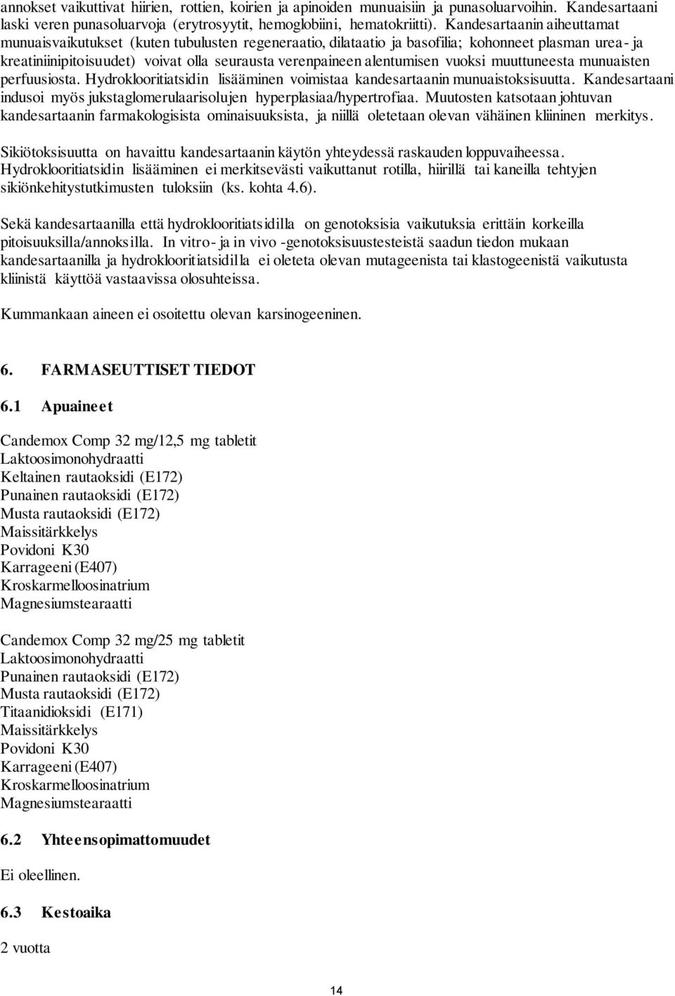 alentumisen vuoksi muuttuneesta munuaisten perfuusiosta. Hydroklooritiatsidin lisääminen voimistaa kandesartaanin munuaistoksisuutta.
