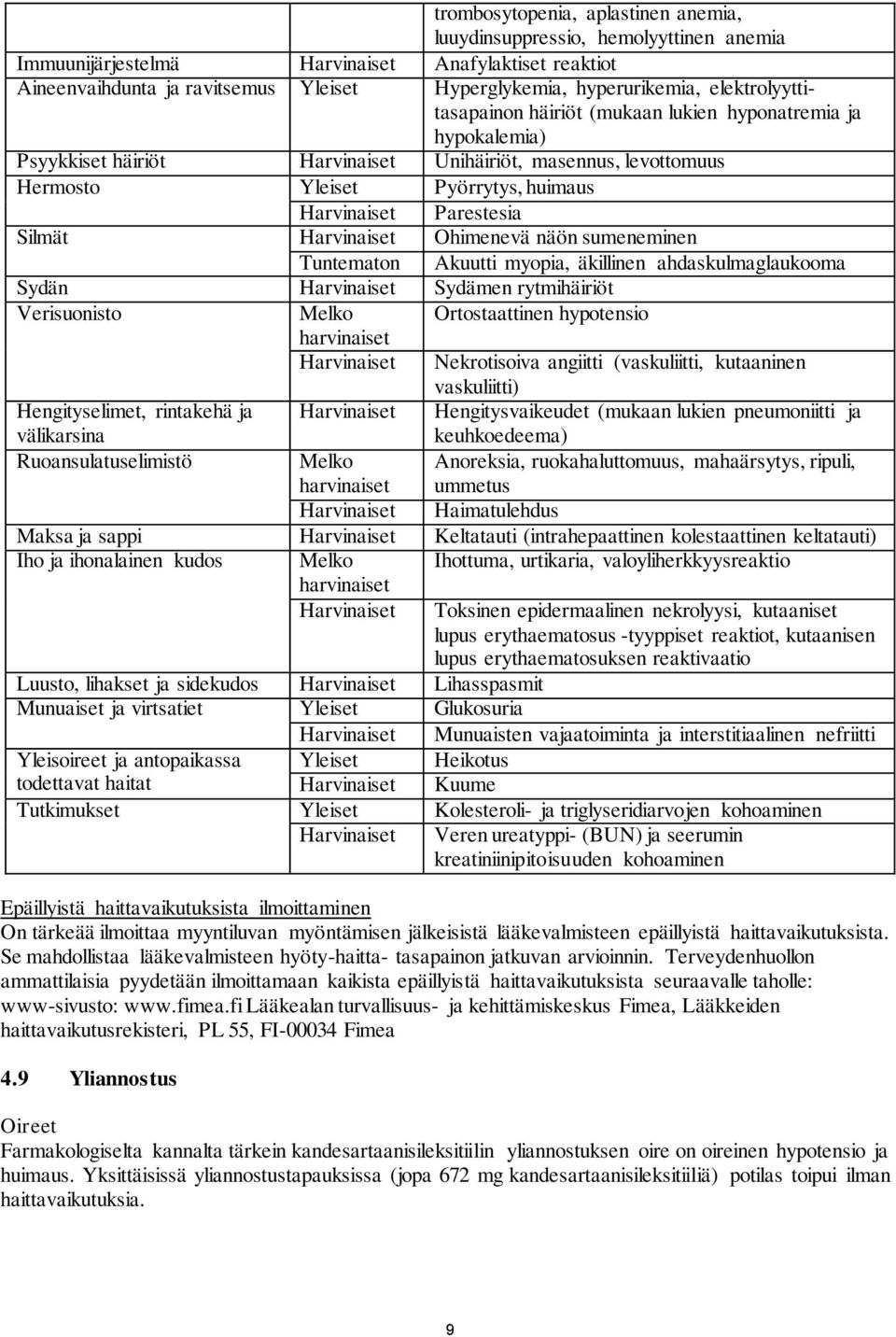Silmät Harvinaiset Ohimenevä näön sumeneminen Tuntematon Akuutti myopia, äkillinen ahdaskulmaglaukooma Sydän Harvinaiset Sydämen rytmihäiriöt Verisuonisto Melko Ortostaattinen hypotensio Harvinaiset