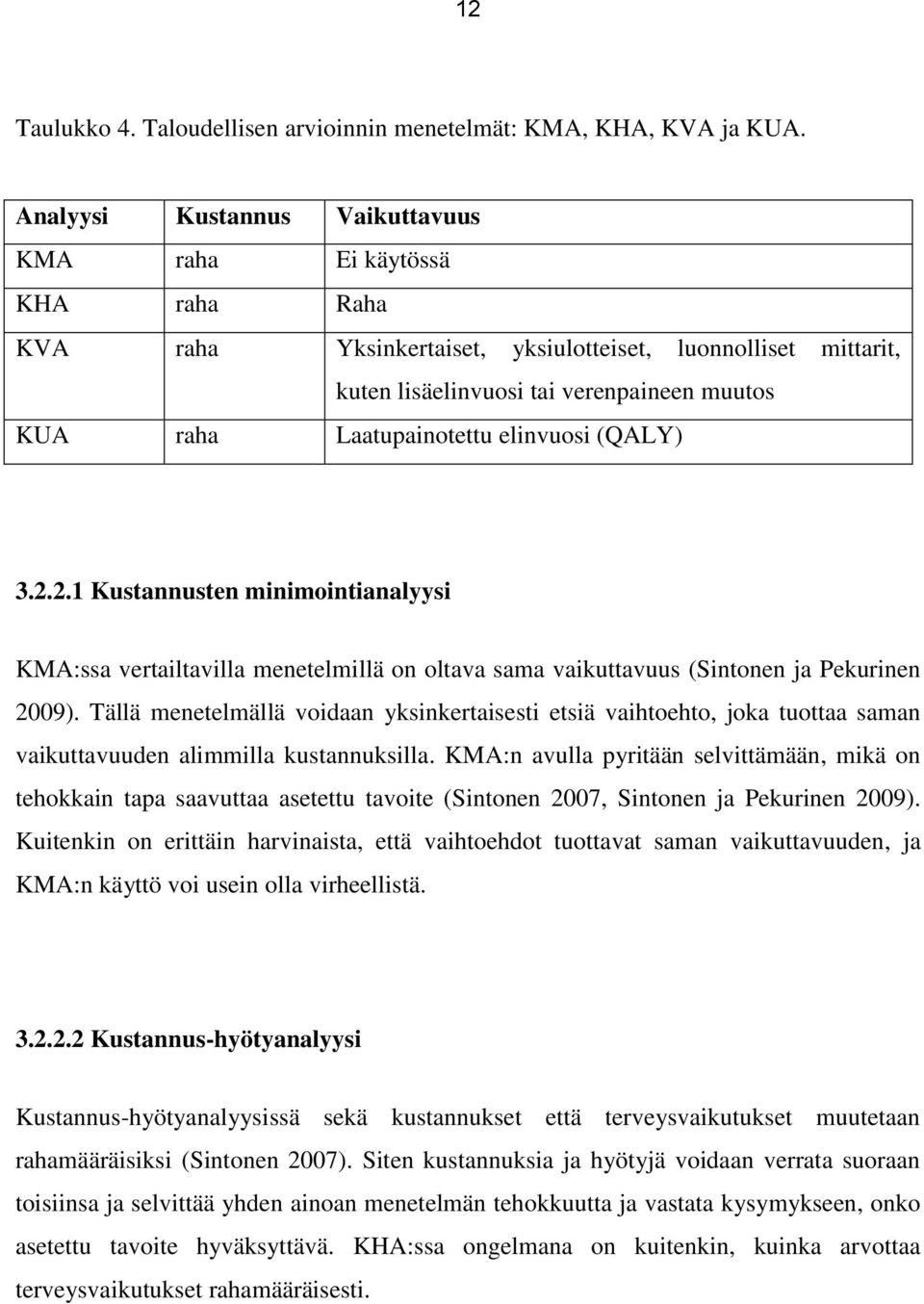 elinvuosi (QALY) 3.2.2.1 Kustannusten minimointianalyysi KMA:ssa vertailtavilla menetelmillä on oltava sama vaikuttavuus (Sintonen ja Pekurinen 2009).