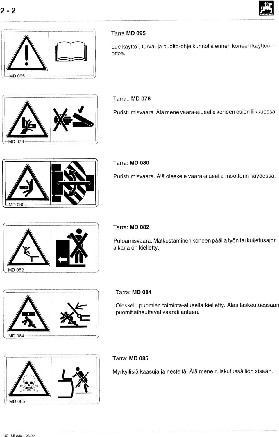 Tarra: MD 082 Putoamisvaara. Matkustaminen koneen paalla työn tai kuljetusajor aikana on kielletty. Tarra: MD 084 Oleskelu puomien toiminta-alueella kielletty.