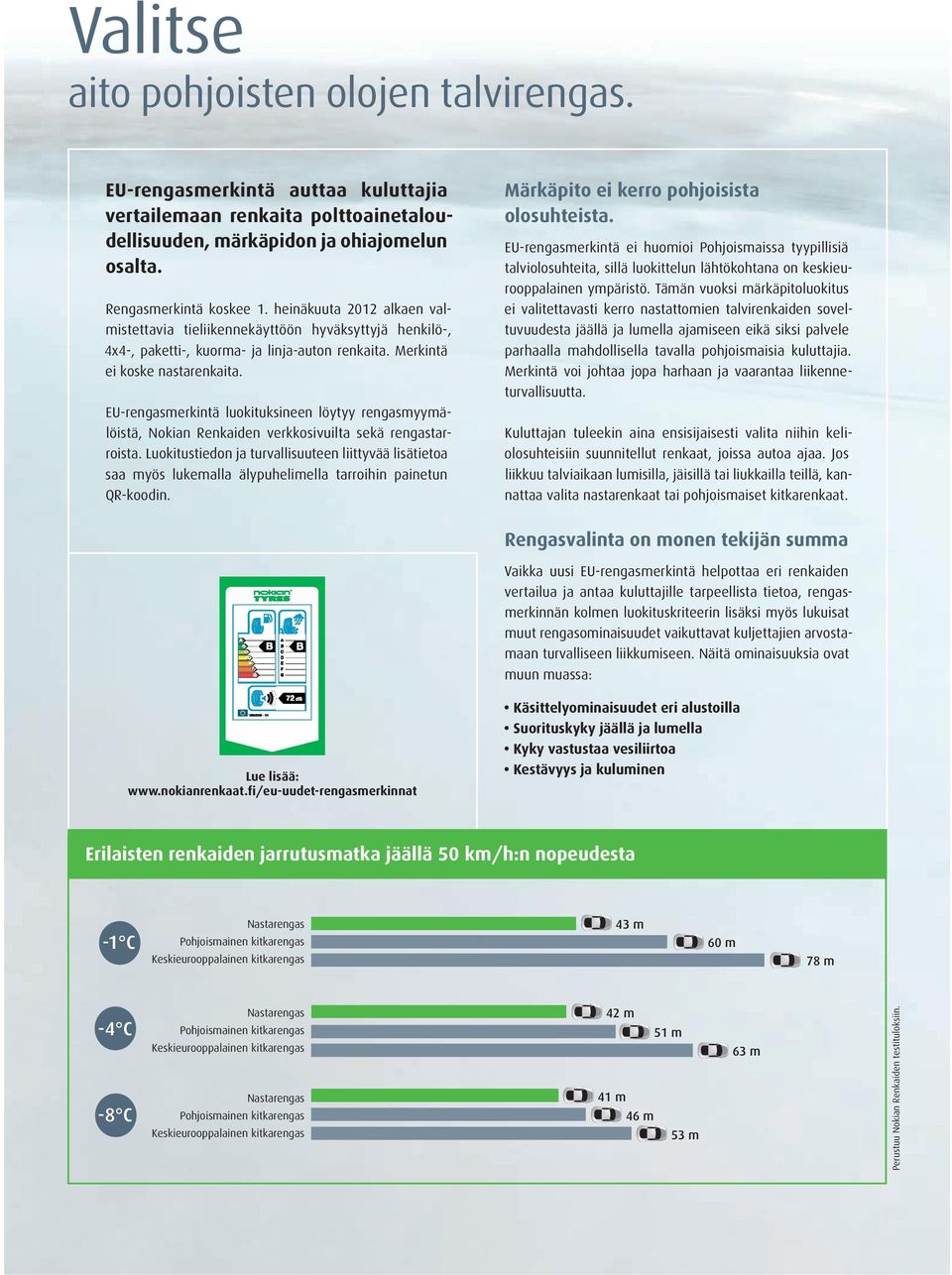 EU-rengasmerkintä luokituksineen löytyy rengasmyymälöistä, Nokian Renkaiden verkkosivuilta sekä rengastarroista.