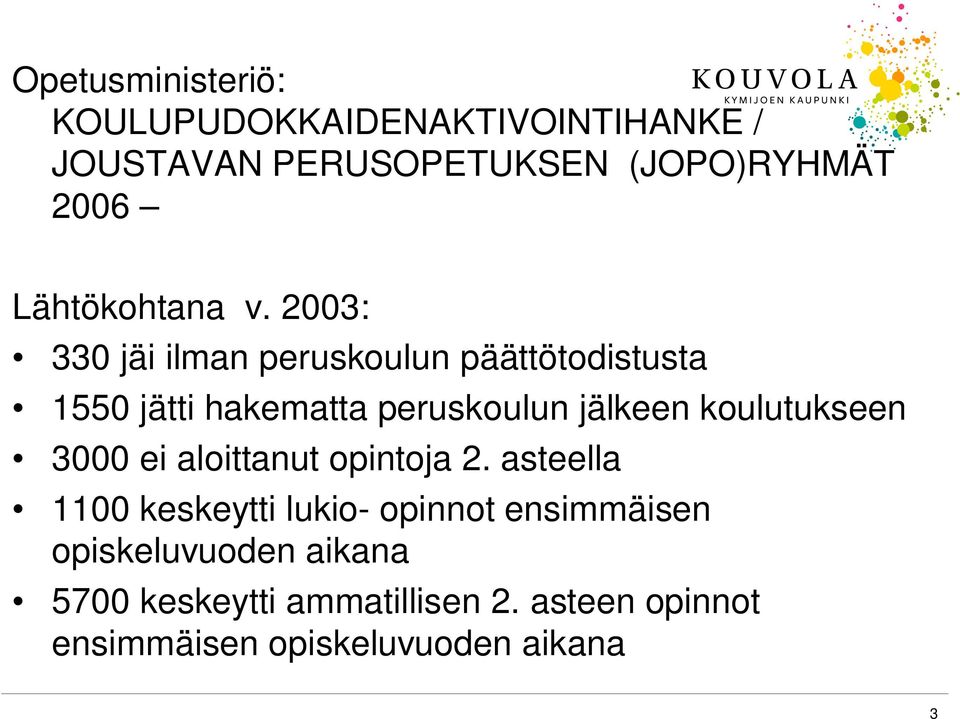 2003: 330 jäi ilman peruskoulun päättötodistusta 1550 jätti hakematta peruskoulun jälkeen koulutukseen