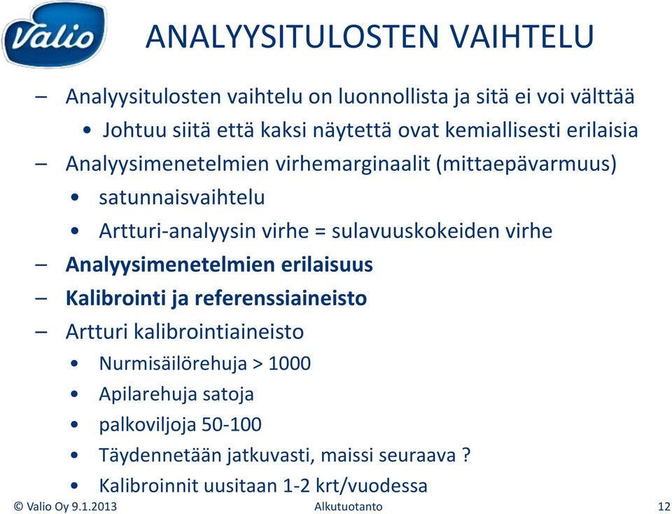 sulavuuskokeiden virhe Analyysimenetelmien erilaisuus Kalibrointi ja referenssiaineisto Artturi kalibrointiaineisto Nurmisäilörehuja >
