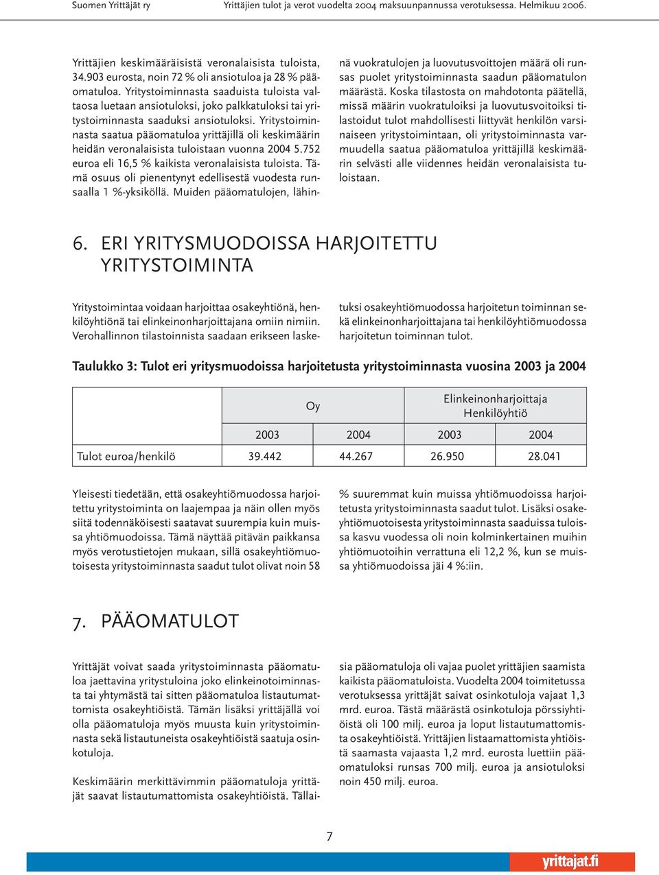 Yritystoiminnasta saatua pääomatuloa yrittäjillä oli keskimäärin heidän veronalaisista tuloistaan vuonna 2004 5.752 euroa eli 16,5 % kaikista veronalaisista tuloista.