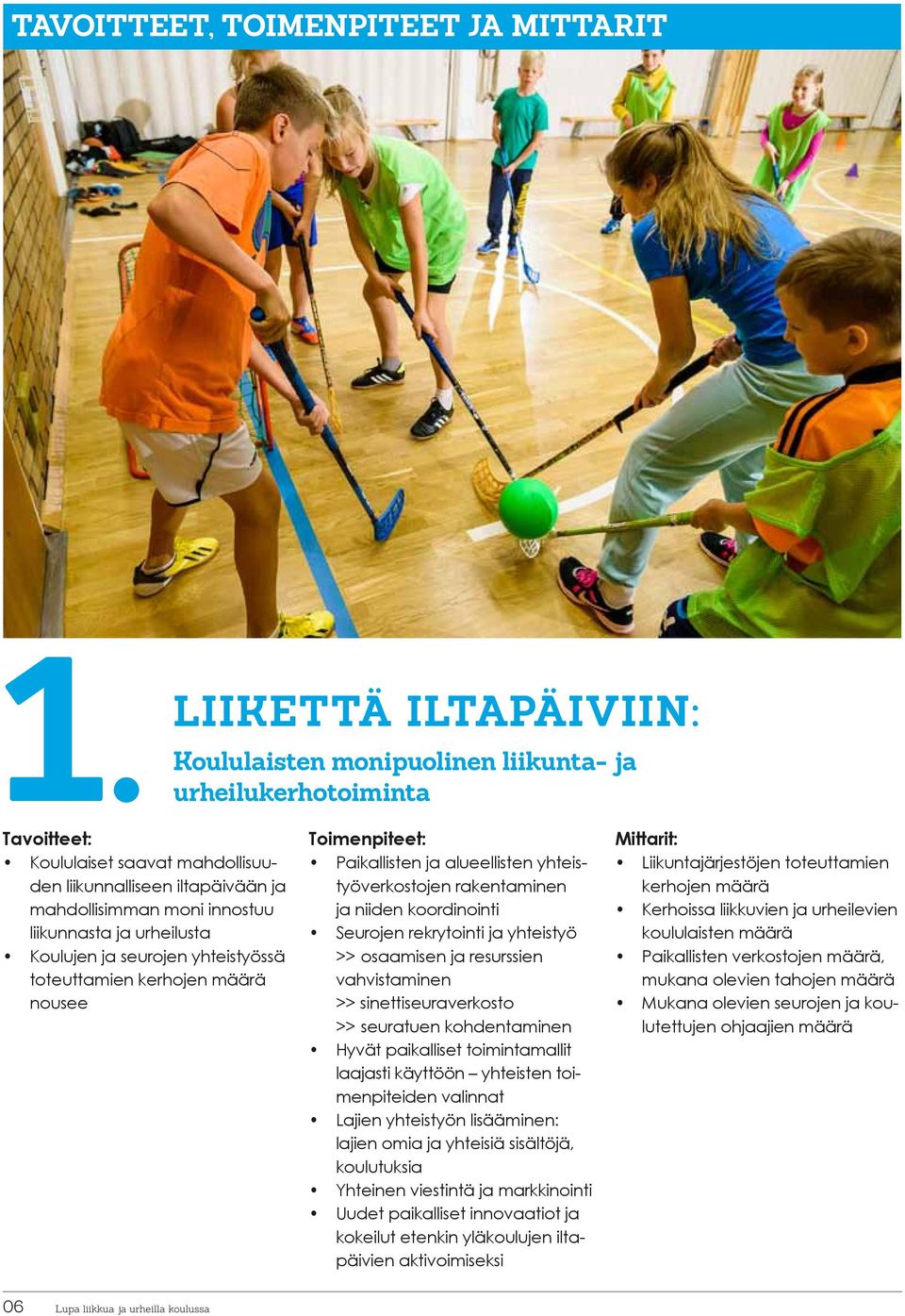 ja urheilusta Koulujen ja seurojen yhteistyössä toteuttamien kerhojen määrä nousee Toimenpiteet: Paikallisten ja alueellisten yhteistyöverkostojen rakentaminen ja niiden koordinointi Seurojen