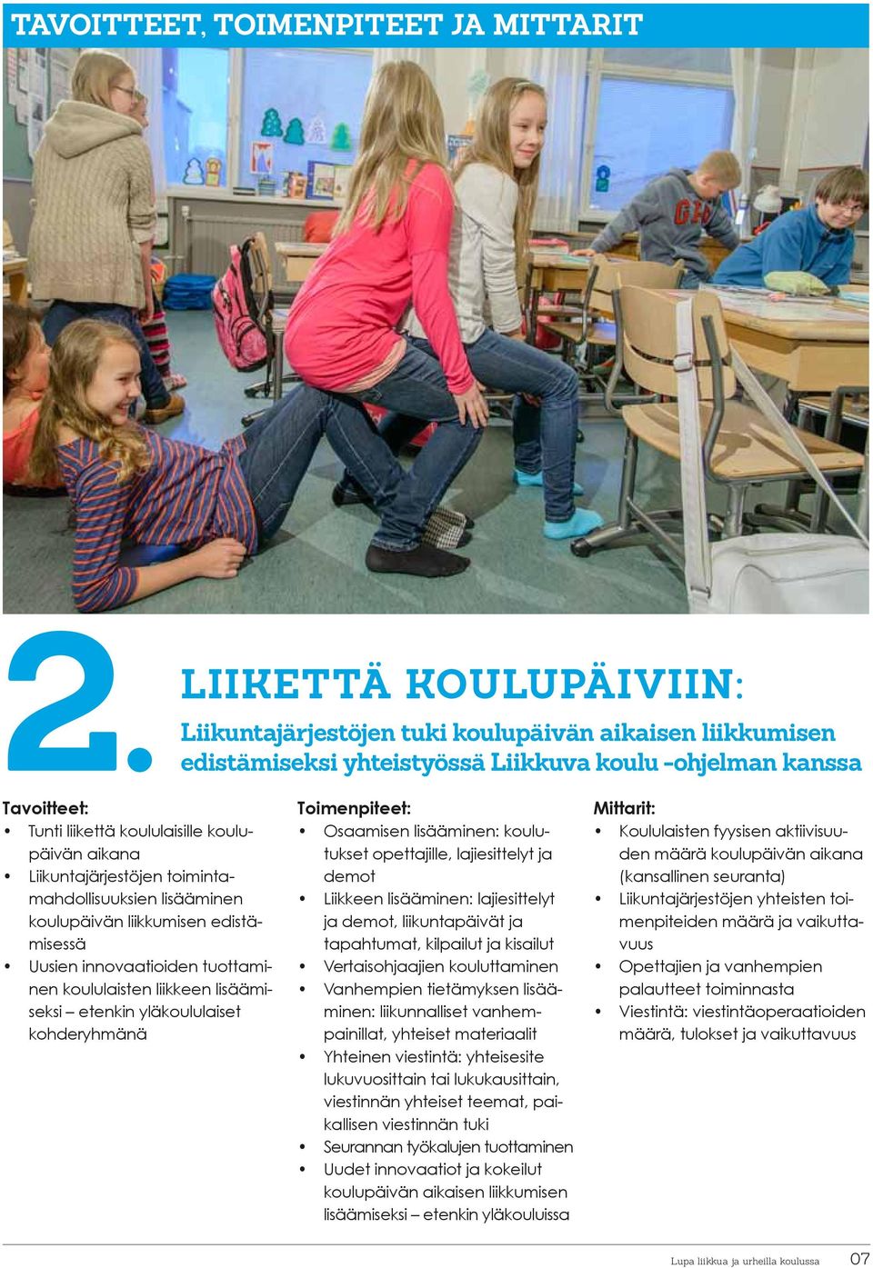 Liikuntajärjestöjen toimintamahdollisuuksien lisääminen koulupäivän liikkumisen edistämisessä Uusien innovaatioiden tuottaminen koululaisten liikkeen lisäämiseksi etenkin yläkoululaiset kohderyhmänä