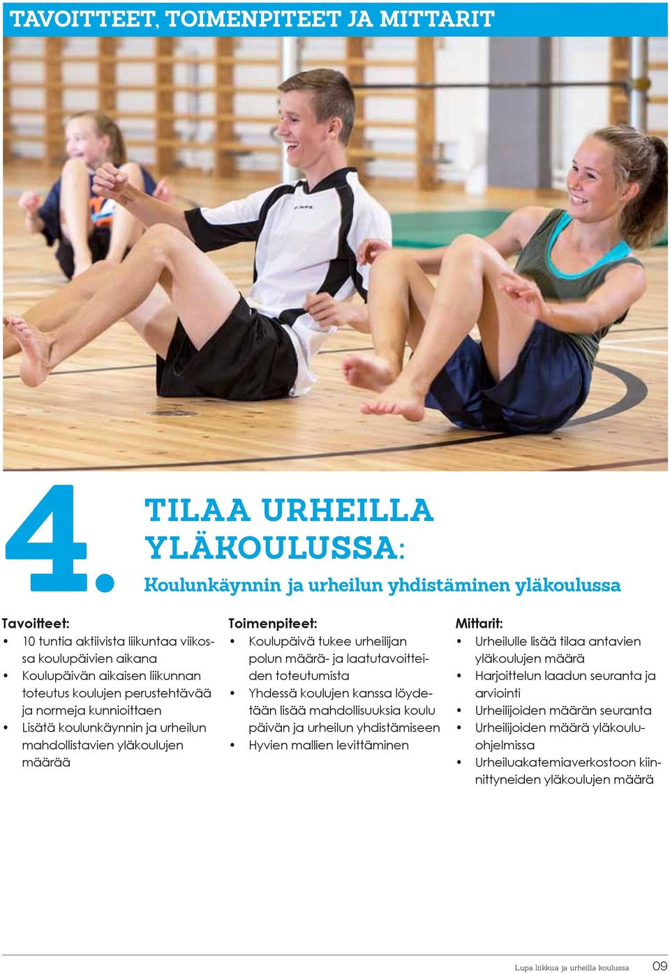 perustehtävää ja normeja kunnioittaen Lisätä koulunkäynnin ja urheilun mahdollistavien yläkoulujen määrää Toimenpiteet: Koulupäivä tukee urheilijan polun määrä- ja laatutavoitteiden toteutumista