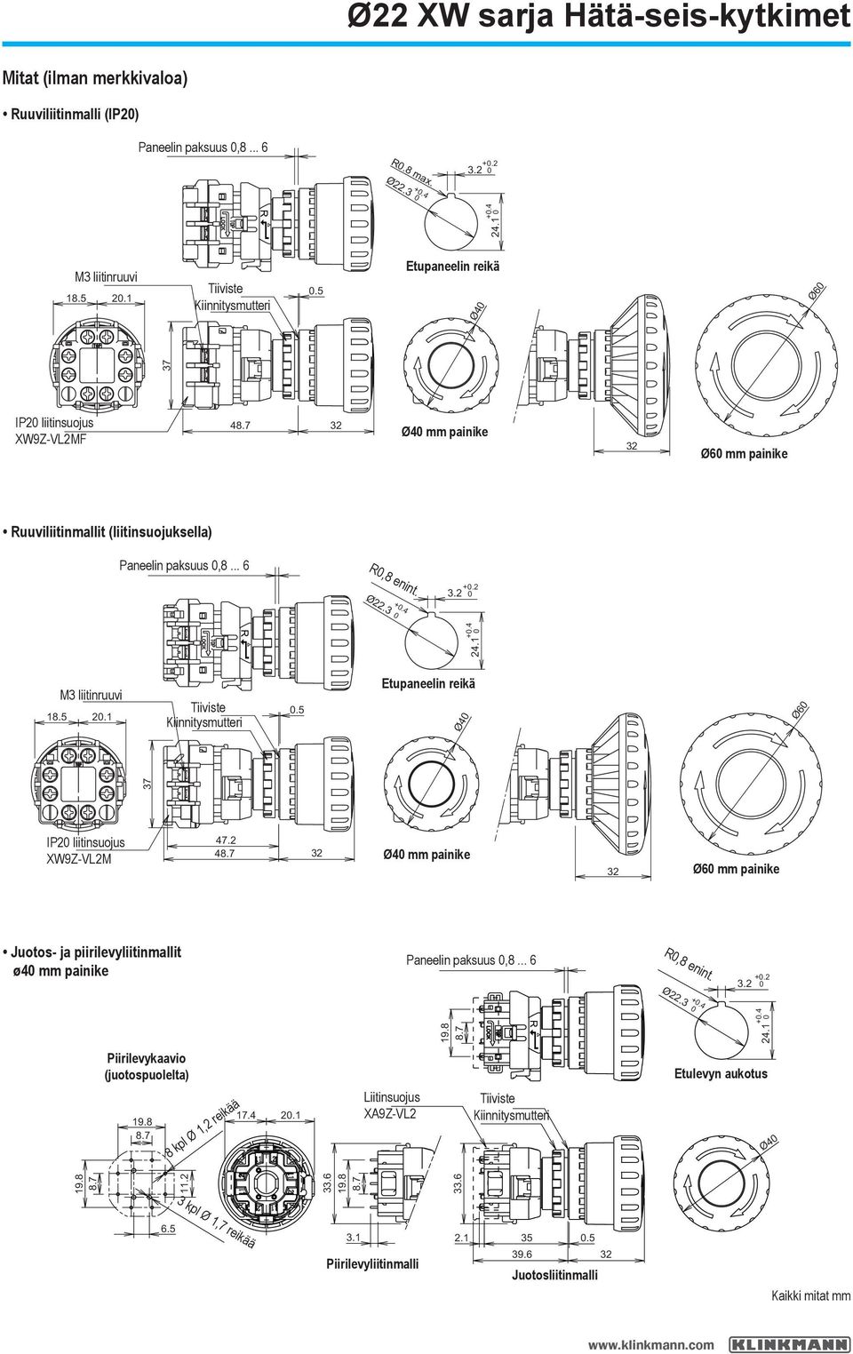 5..5 Etupaneelin reikä Ø4 Ø6 37 IP liitinsuojus XW9Z-VLM 47. 4 3 Ø4 mm painike 3 Ø6 mm painike Juotos- ja piirilevyliitinmallit ø4 mm painike Paneelin paksuus,8... 6 R,8 enint. 3. +. Ø.3 +.4 9.