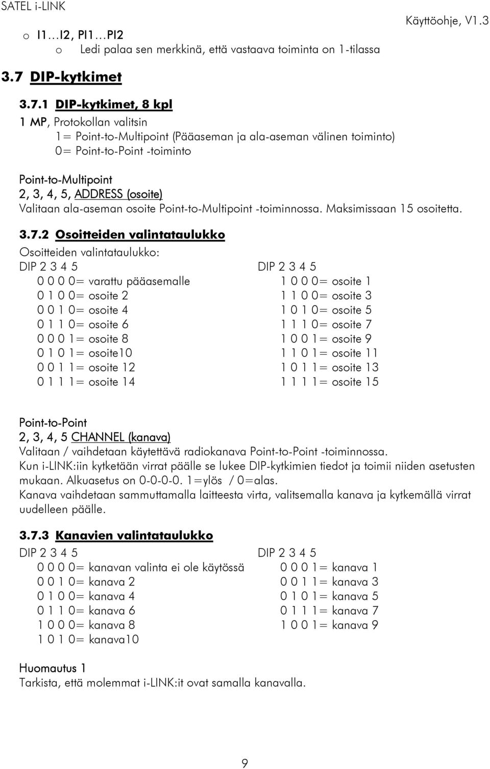 1 DIP-kytkimet, 8 kpl 1 MP, Protokollan valitsin 1= Point-to-Multipoint (Pääaseman ja ala-aseman välinen toiminto) 0= Point-to-Point -toiminto Point-to-Multipoint 2, 3, 4, 5, ADDRESS (osoite)