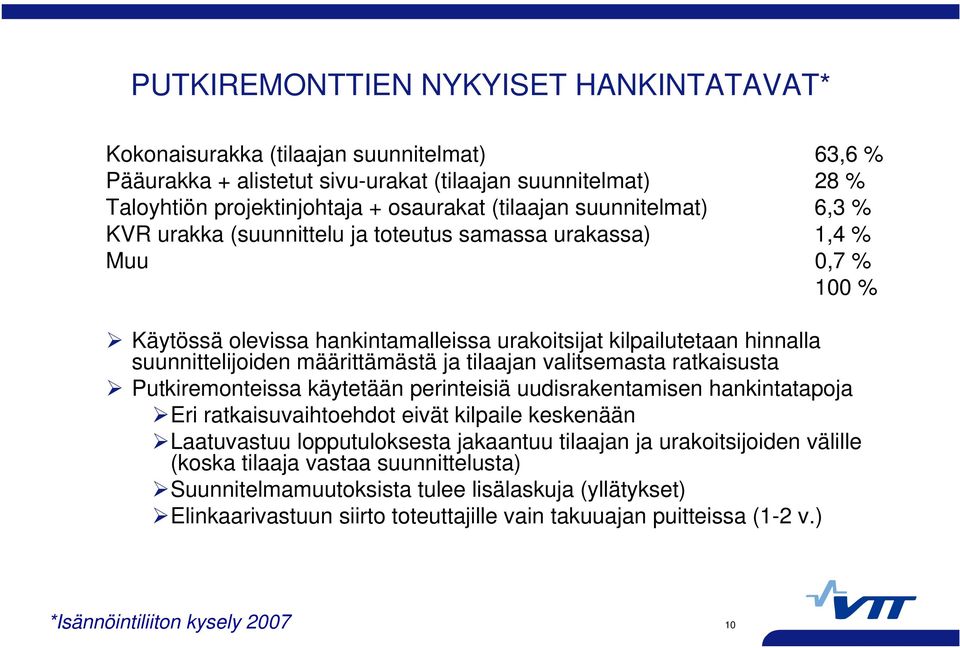 määrittämästä ja tilaajan valitsemasta ratkaisusta Putkiremonteissa käytetään perinteisiä uudisrakentamisen hankintatapoja Eri ratkaisuvaihtoehdot eivät kilpaile keskenään Laatuvastuu lopputuloksesta