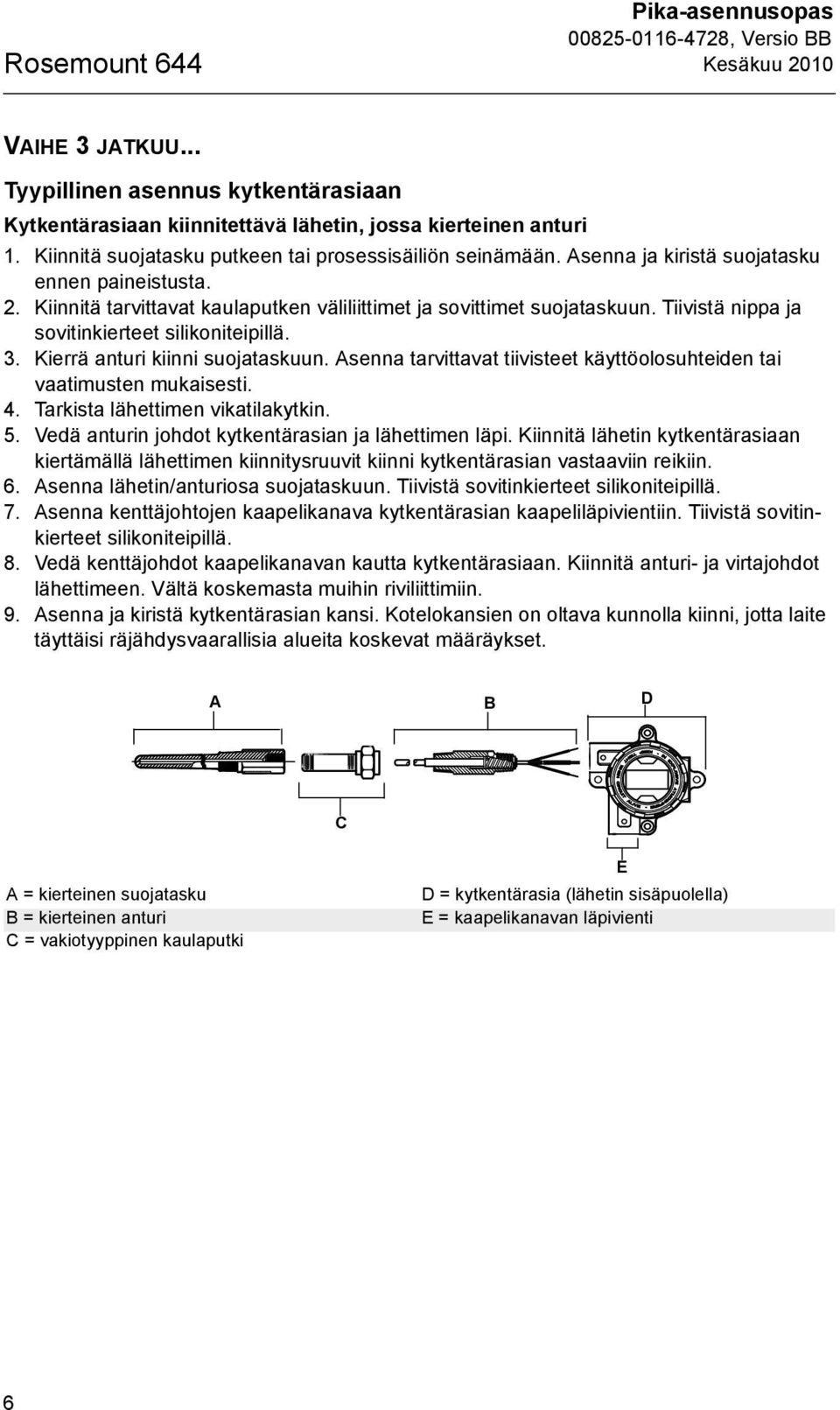 Tiivistä nippa ja sovitinkierteet silikoniteipillä. 3. Kierrä anturi kiinni suojataskuun. Asenna tarvittavat tiivisteet käyttöolosuhteiden tai vaatimusten mukaisesti. 4.