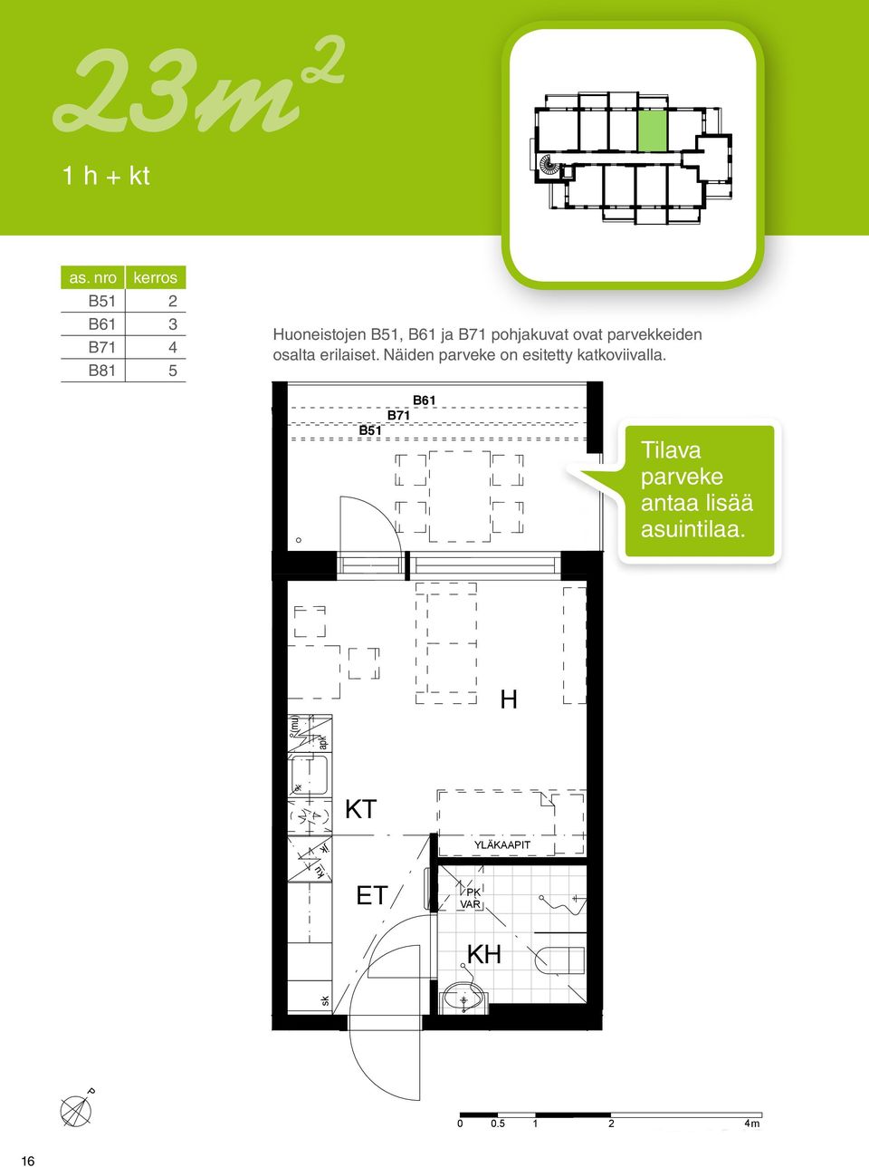 Krs 5 B61 B61 3 Krs 3 B71 B714 Krs 4 B81 B815 Krs 5 23,0m² uoneistojen B51, B61 ja B71 pohjavat ovat erilaiset parvekkeen osalta. Näiden parveke on esitetty katkoviivalla.