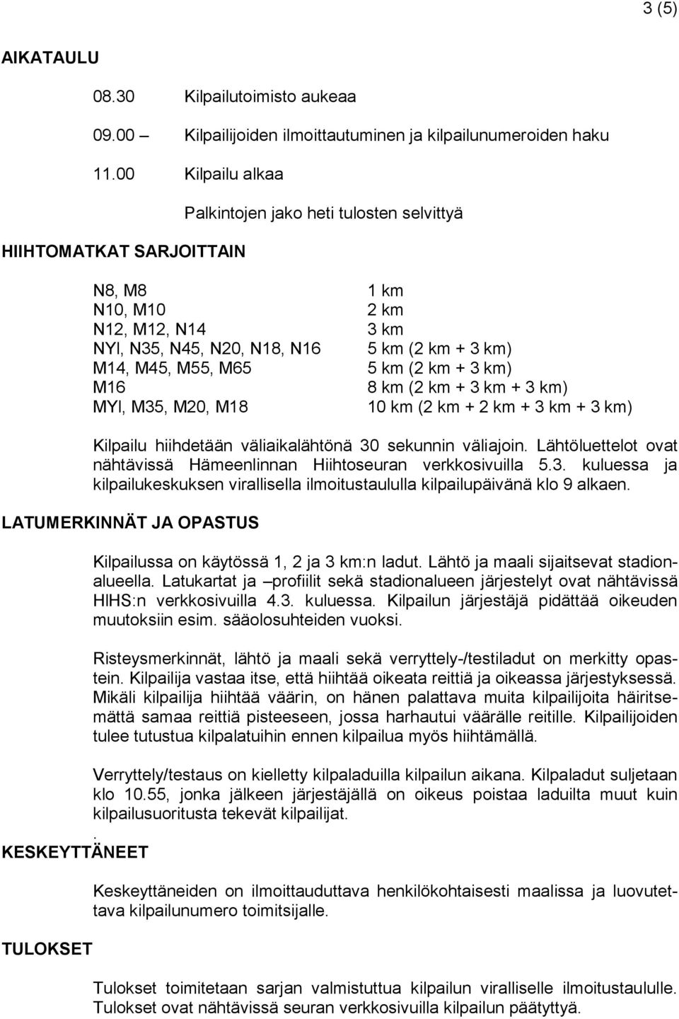 km (2 km + 3 km) M16 8 km (2 km + 3 km + 3 km) MYl, M35, M20, M18 10 km (2 km + 2 km + 3 km + 3 km) Kilpailu hiihdetään väliaikalähtönä 30 sekunnin väliajoin.