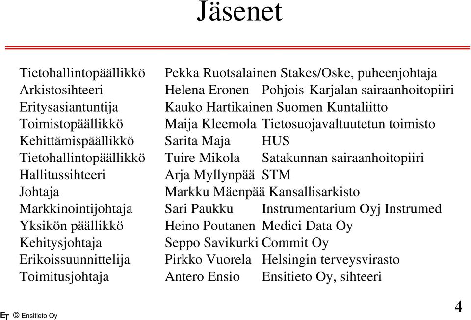 Satakunnan sairaanhoitopiiri Hallitussihteeri Arja Myllynpää STM Johtaja Markku Mäenpää Kansallisarkisto Markkinointijohtaja Sari Paukku Instrumentarium Oyj Instrumed Yksikön