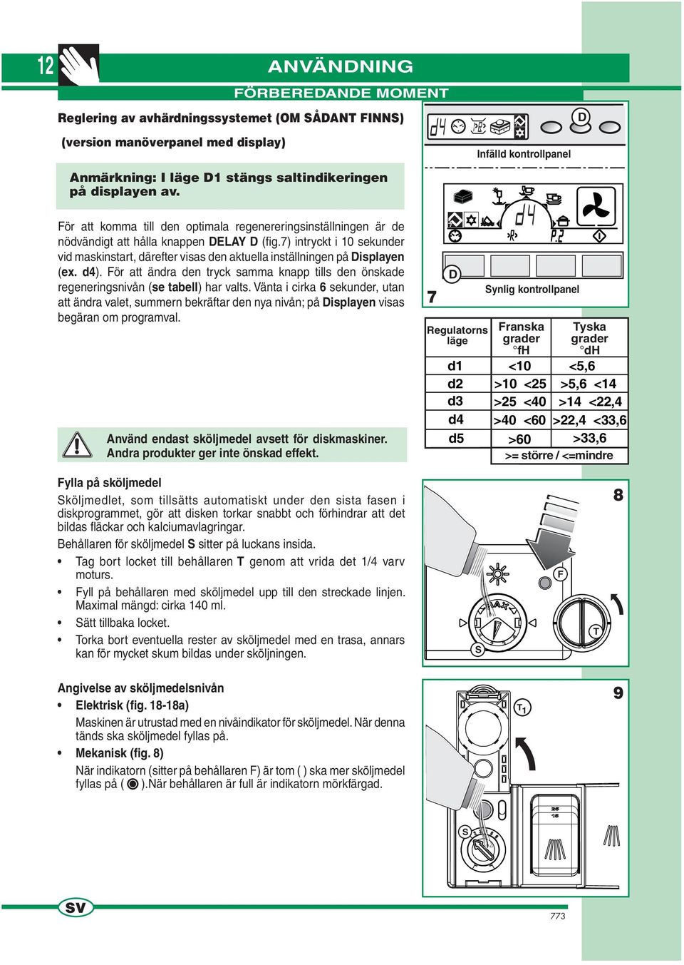 7) intryckt i 10 sekunder vid maskinstart, därefter visas den aktuella inställningen på Displayen (ex. d4).