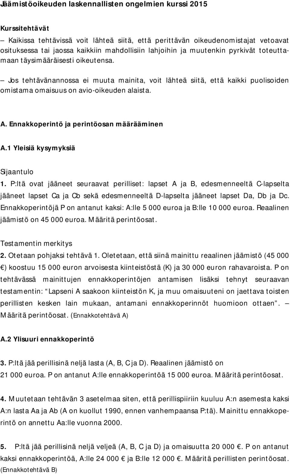 A. Ennakkoperintö ja perintöosan määrääminen A.1 Yleisiä kysymyksiä Sijaantulo 1.