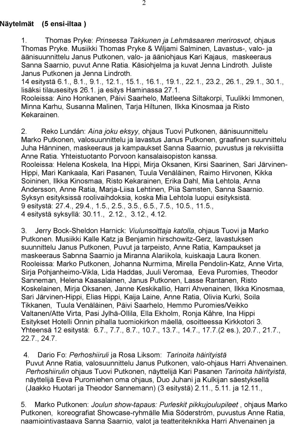 Käsiohjelma ja kuvat Jenna Lindroth. Juliste Janus Putkonen ja Jenna Lindroth. 14 esitystä 6.1., 8.1., 9.1., 12.1., 15.1., 16.1., 19.1., 22.1., 23.2., 26.1., 29.1., 30.1., lisäksi tilausesitys 26.1. ja esitys Haminassa 27.