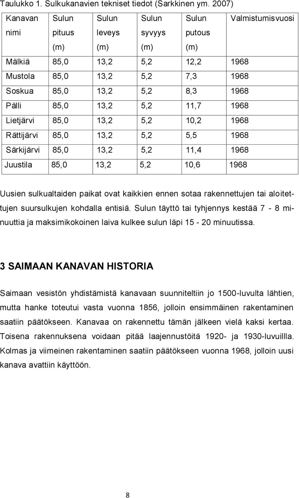 Pälli 85,0 13,2 5,2 11,7 1968 Lietjärvi 85,0 13,2 5,2 10,2 1968 Rättijärvi 85,0 13,2 5,2 5,5 1968 Särkijärvi 85,0 13,2 5,2 11,4 1968 Juustila 85,0 13,2 5,2 10,6 1968 Uusien sulkualtaiden paikat ovat