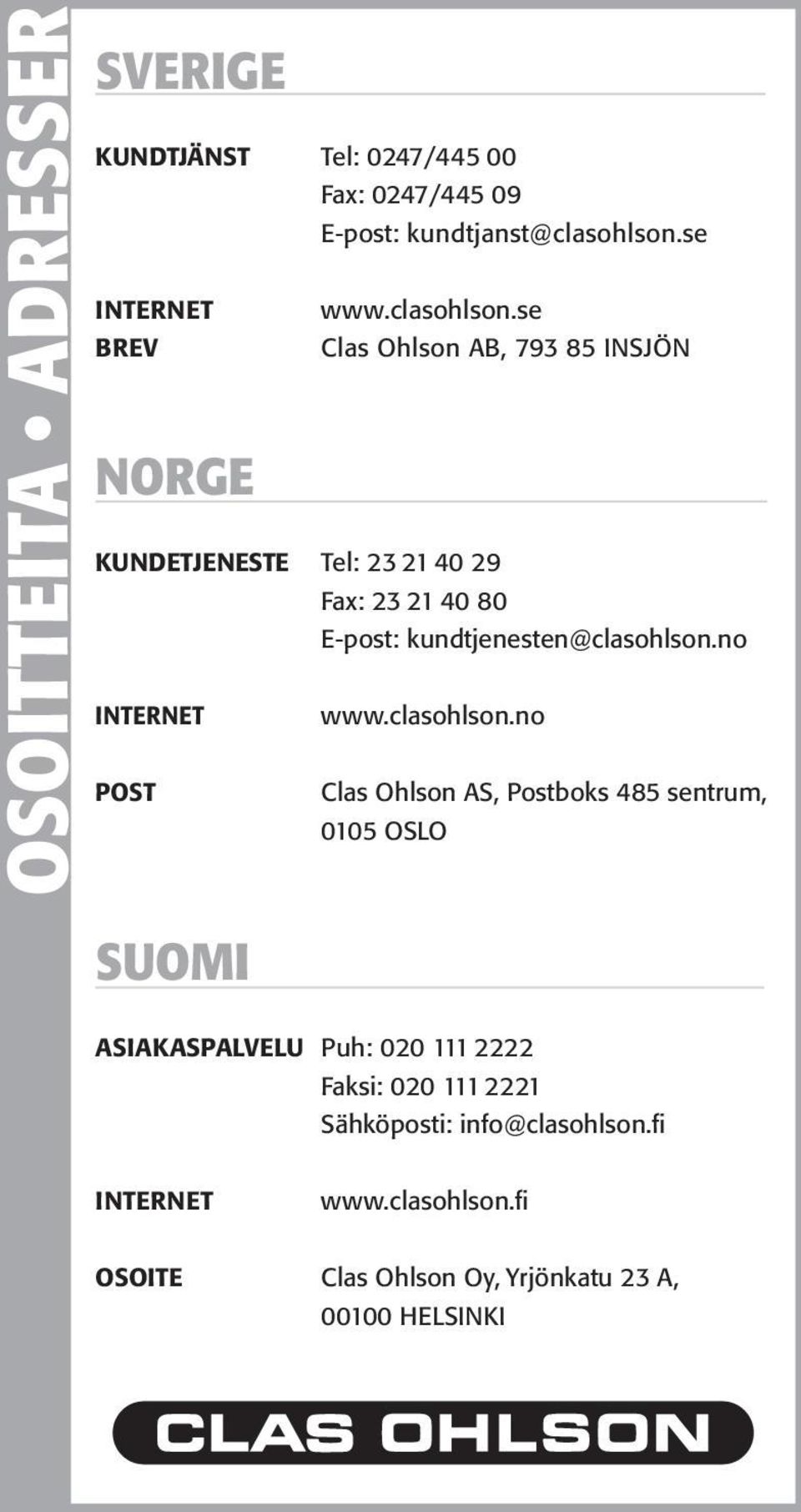 se BREV Clas Ohlson AB, 793 85 INSJÖN NORGE KUNDETJENESTE Tel: 23 21 40 29 Fax: 23 21 40 80 E-post: kundtjenesten@no INTERNET