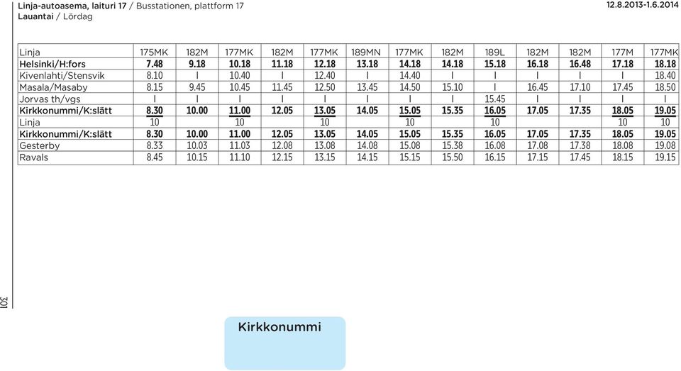 50 Jorvas th/vgs I I I I I I I I 15.45 I I I I Kirkkonummi/K:slätt 8.30 10.00 11.00 12.05 13.05 14.05 15.05 15.35 16.05 17.05 17.35 18.05 19.05 Linja 10 10 10 10 10 10 10 Kirkkonummi/K:slätt 8.30 10.00 11.00 12.05 13.05 14.05 15.05 15.35 16.05 17.05 17.35 18.05 19.05 Gesterby 8.