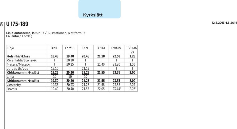 40 23.20 1.50 Jorvas th/vgs 19.10 I 21.15 I I I Kirkkonummi/K:slätt 19.25 20.30 21.25 21.55 23.35 2.