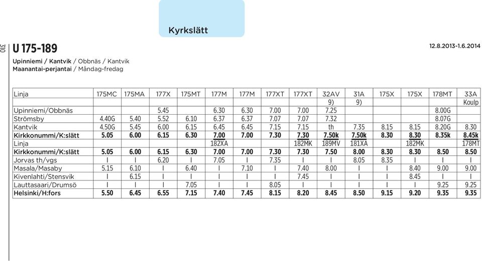 30 Kirkkonummi/K:slätt 5.05 6.00 6.15 6.30 7.00 7.00 7.30 7.30 7.50k 7.50k 8.30 8.30 8.35k 8.45k Linja 182XA 182MK 189MV 181XA 182MK 178MT Kirkkonummi/K:slätt 5.05 6.00 6.15 6.30 7.00 7.00 7.30 7.30 7.50 8.